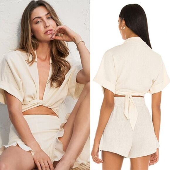 NWT Just Bee Queen Short Sleeves Linen Chiara Cropped Top Vanilla Size: Medium